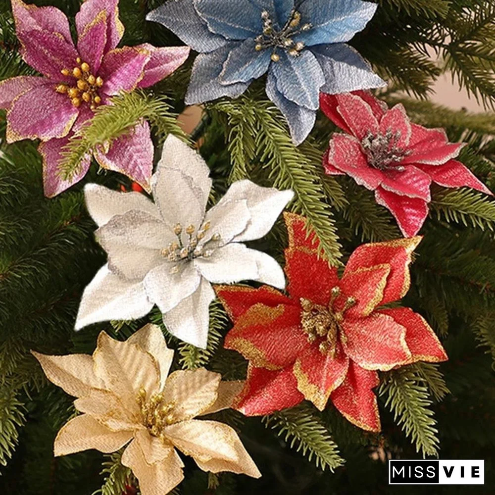 10 Pcs/Set Glitter Christmas Flower Poinsettia Christmas Tree Decorations Ornaments Christmas DIY Craft 11 Colors
