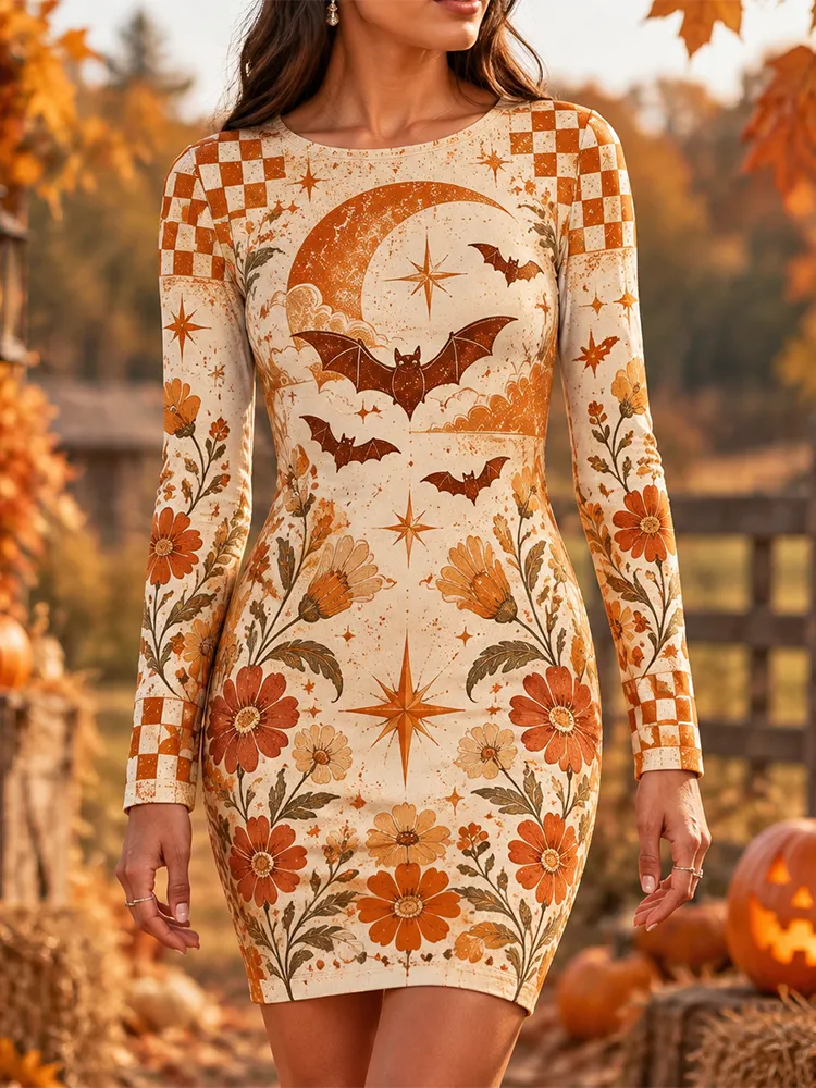 Comstylish Women's Halloween Retro Moon, Bats And Floral Print Long Sleeve Bodycon Dress