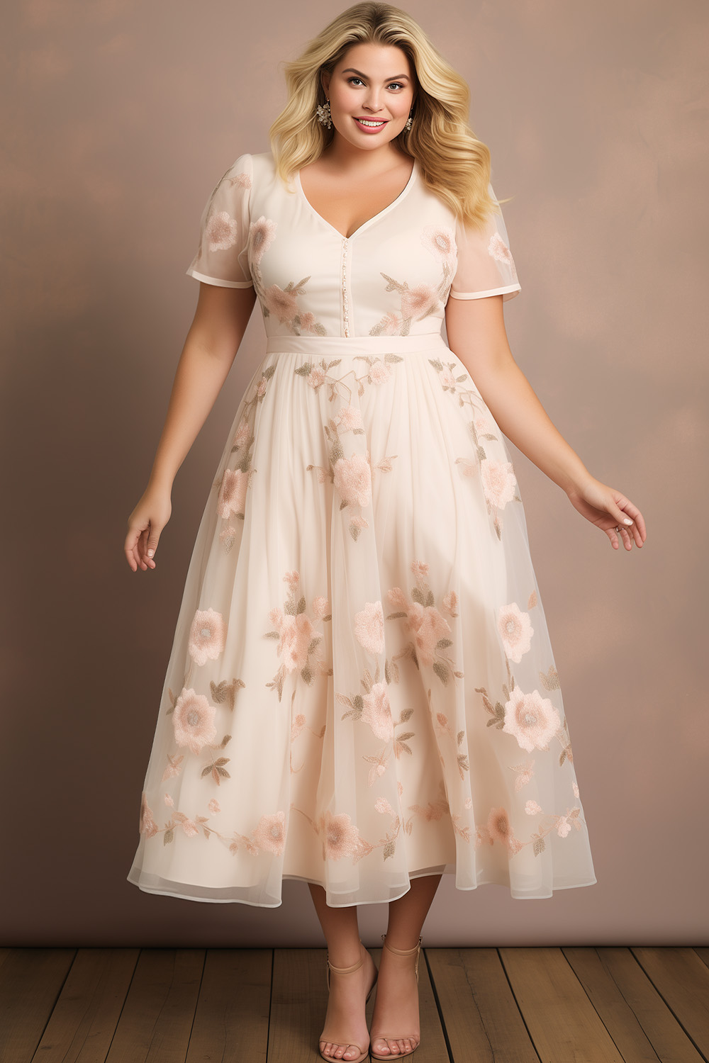 Flycurvy Plus Size Wedding Guest Beige Mesh Button Floral Print Midi Dress 2024 - Flycurvy 