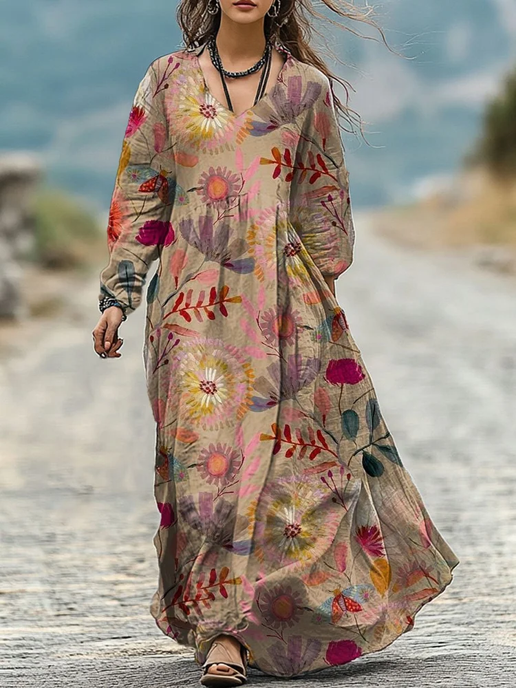 Women's  Retro Flower Print Pocket Cotton Dress