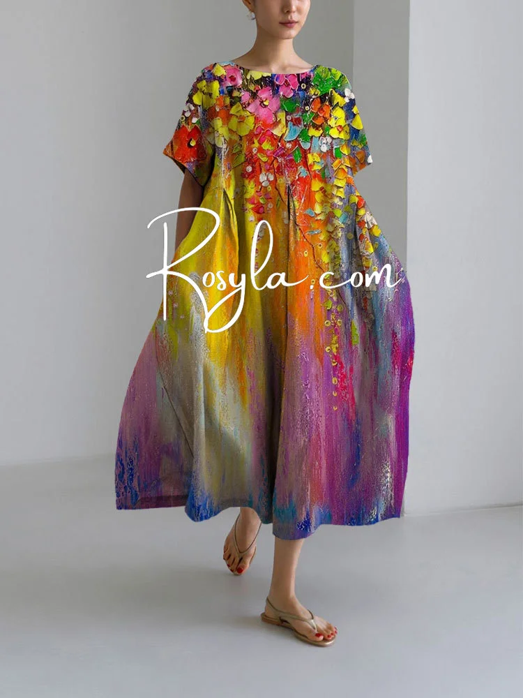 Women's Oil Floral Loose Round Neck Medium Length Skirt Dress