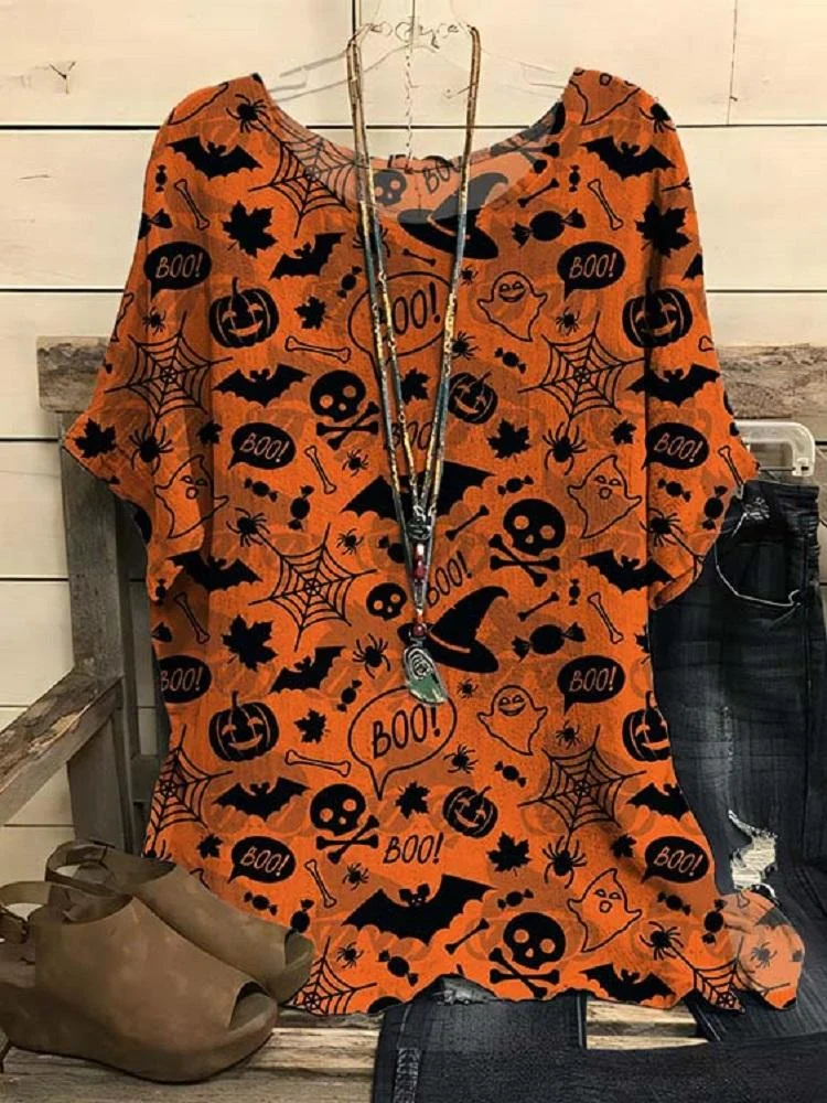 Women's Halloween Skull Boo Printed Short Sleeved T-Shirt