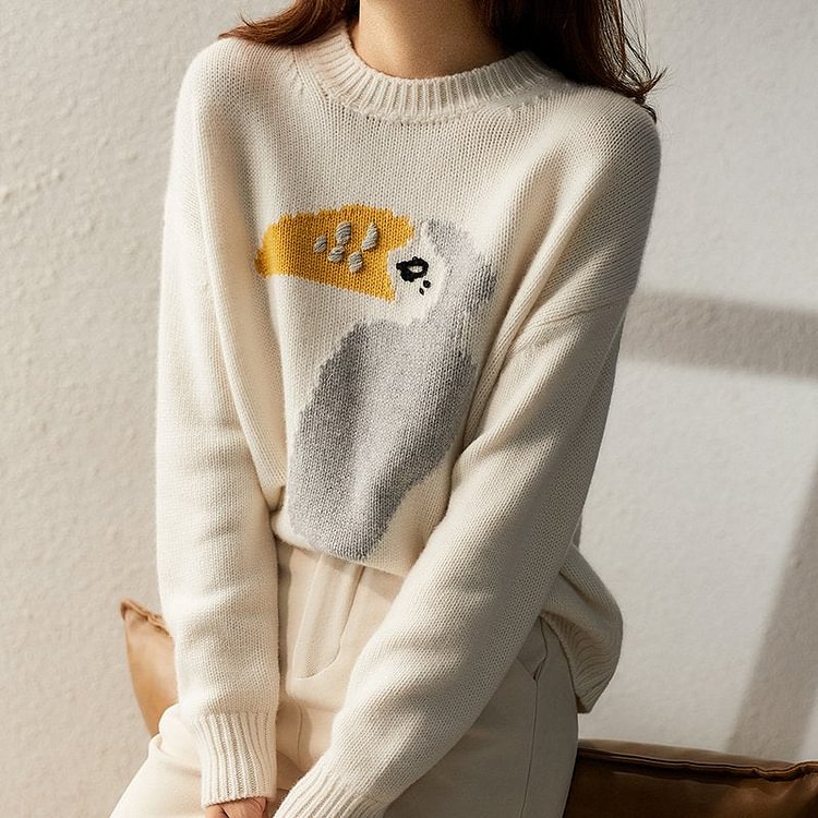 Crew Neck Animal Sweet Long Sleeve Sweater