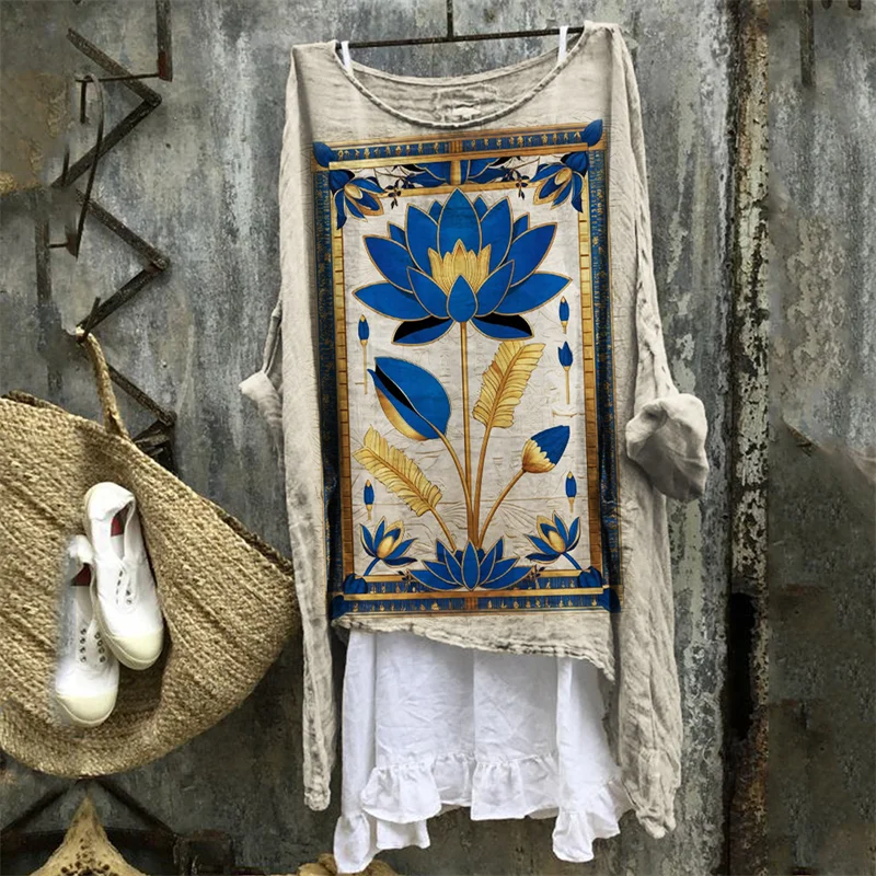 Ancient Egyptian Lotus Golden Art Linen Tunic