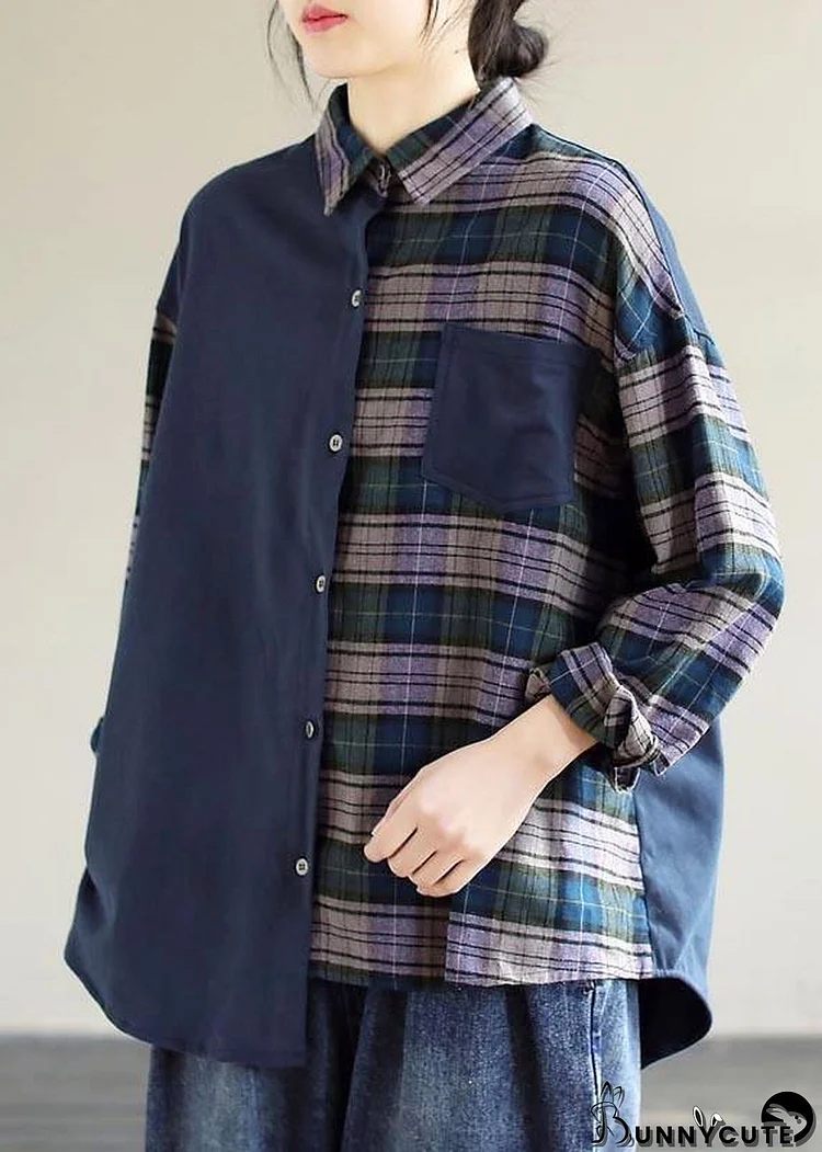 Simple Lapel Patchwork Tops Women Blouses Wardrobes Blue Plaid Blouse