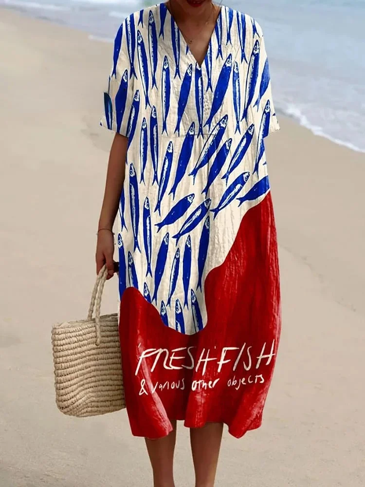 Women's Vintage Fish Sardines Art Print Flowy Dress