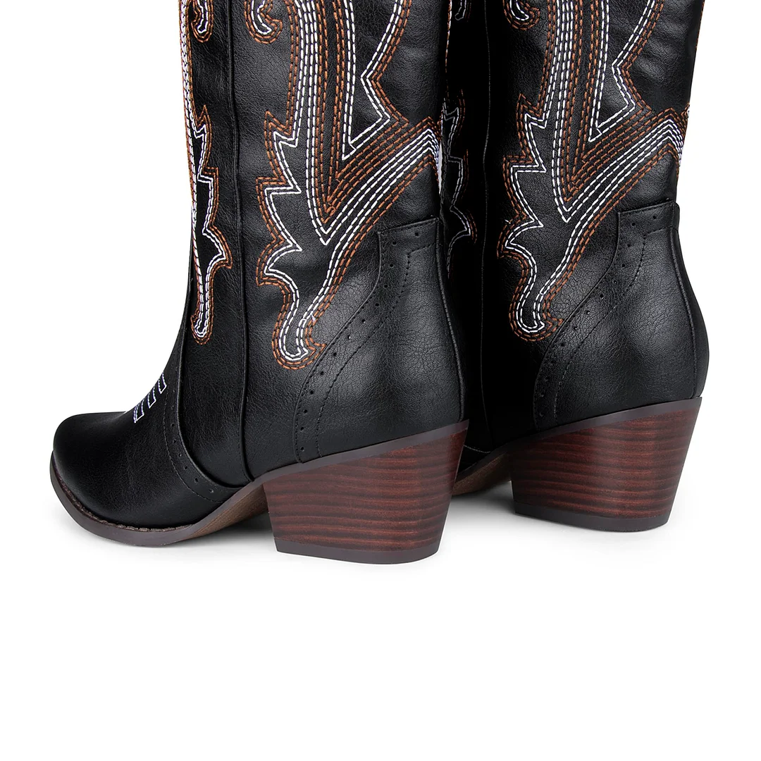 2" Women's Pointed Toe Embroidered Cowboy Boots Vintage Style Western Cowgirl Boots-MERUMOTE