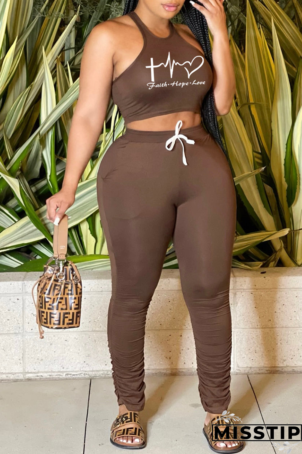 Blue Fashion Print Fold U Neck Sleeveless Two Pieces