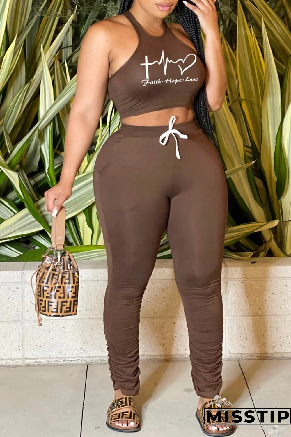 Blue Fashion Print Fold U Neck Sleeveless Two Pieces