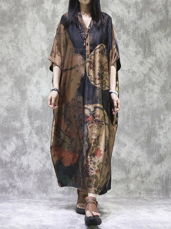 Vintage Roomy Silk Stamped Batwing Sleeves V-Neck Midi Dress