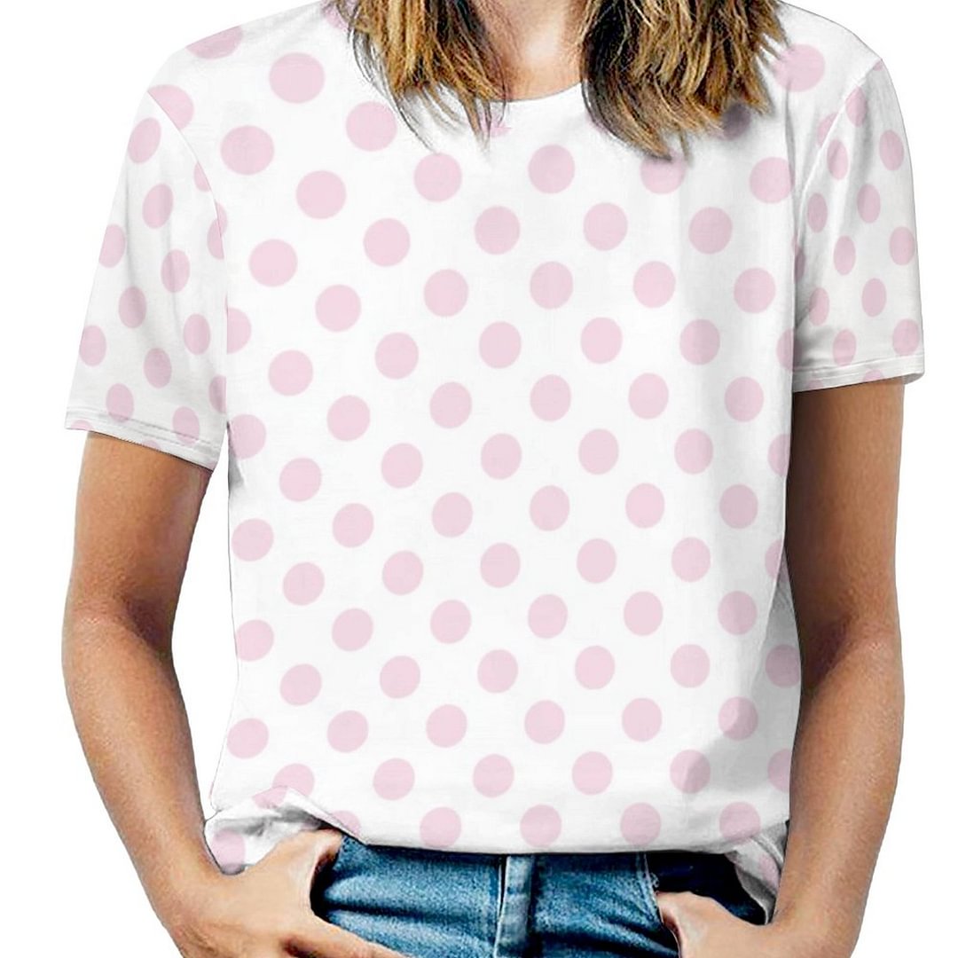 Pastel Pink And White Polka Dots Pattern Short Sleeve Shirt Women Plus Size Blouse Tunics Tops