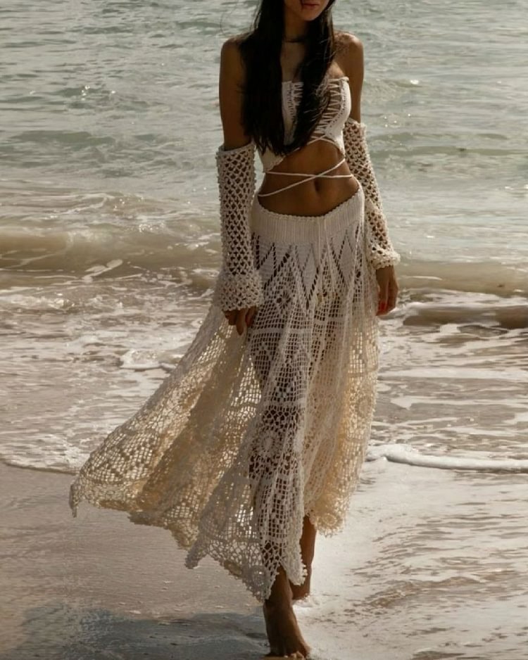 Vacation Braided Hollow Slip Dress Set