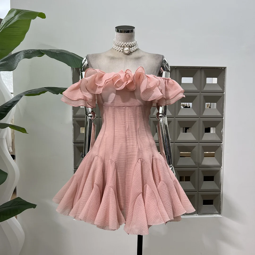 Brownm Gentle Lotus Leaf Petal Word Collar Solid Fairy Short Dress Waist Niche Hip Party Elegant Temperament