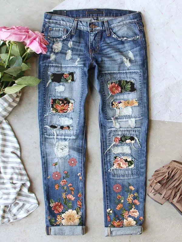 Floral casual mid-waist ripped jeans 