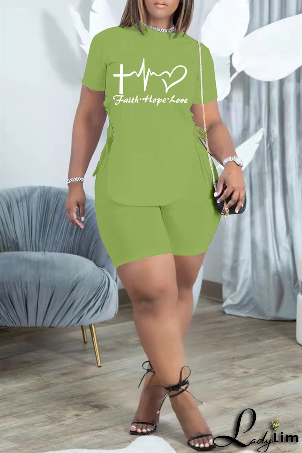 Khaki Fashion Casual Print Bandage Slit O Neck Short Sleeve Two Pieces