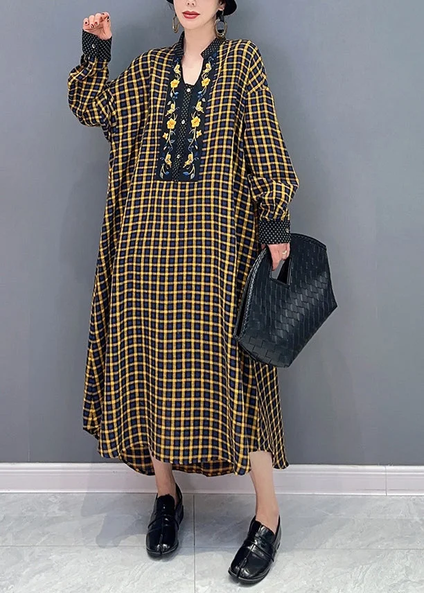 Yellow Plaid Patchwork Maxi Dresses Oversized Spring