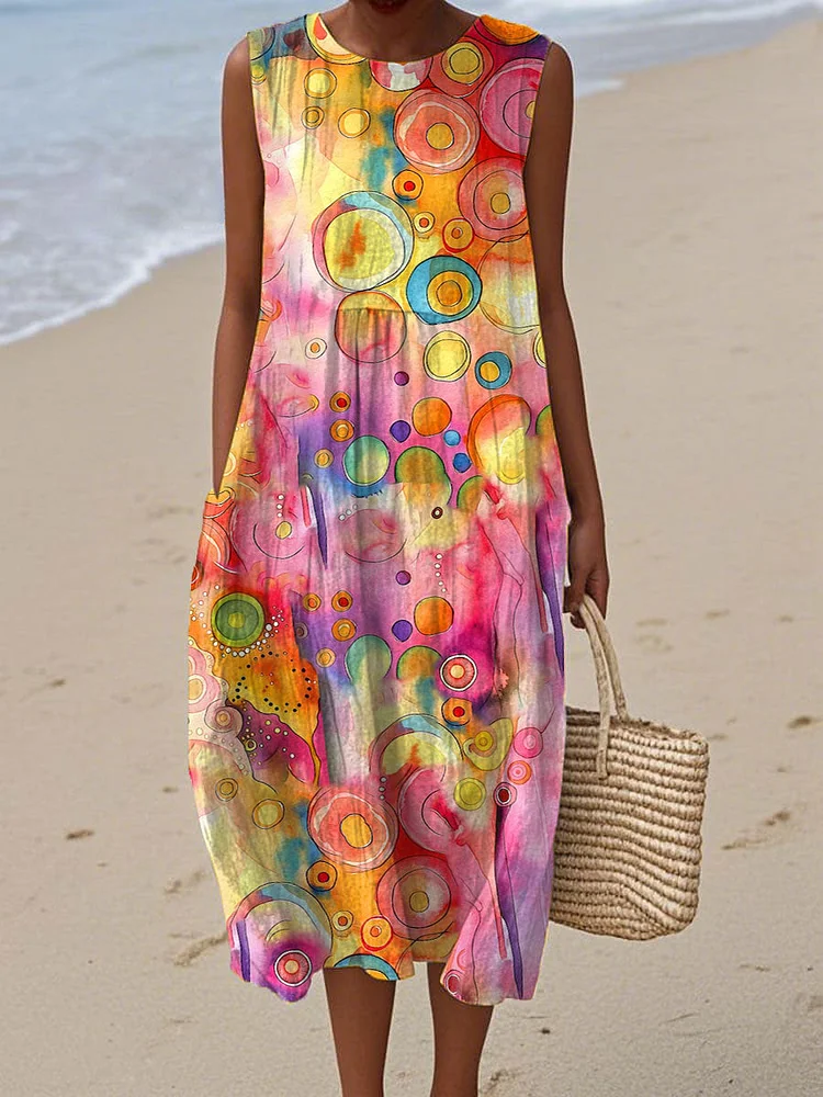 Women's Vintage Abstract Geometric Art Print Sleeveless Cotton Pocket Wrap Dress
