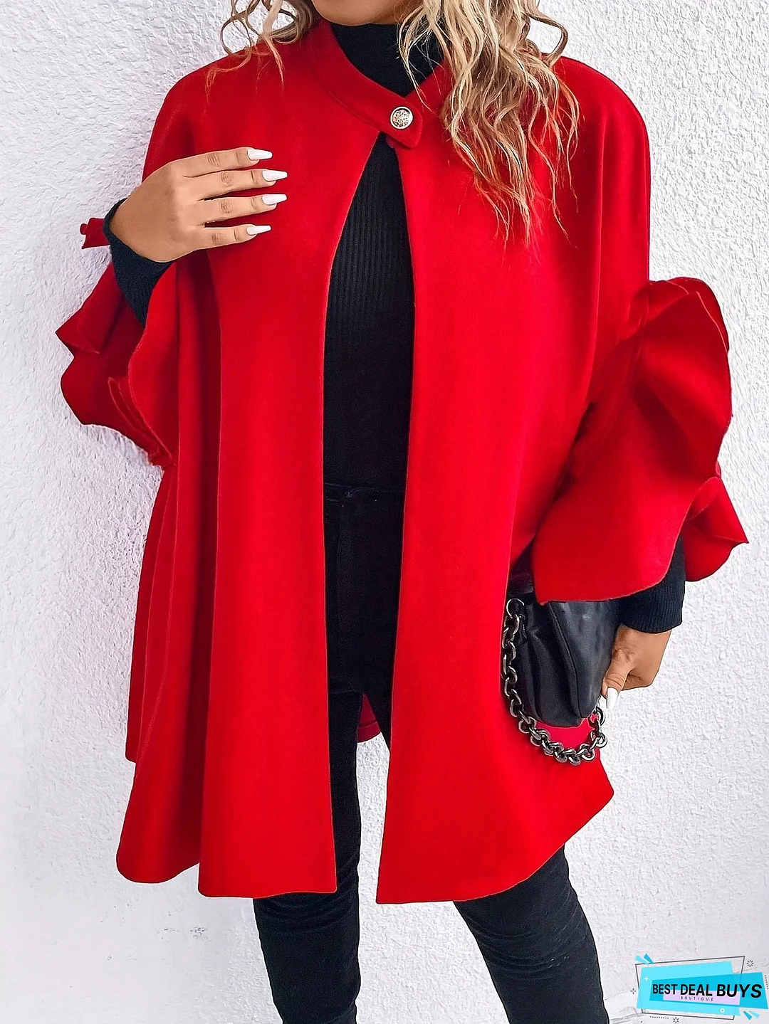 Plus Size Button Front Coat, Casual Ruffle Sleeve Coat For Fall & Winter, Women's Plus Size Clothing