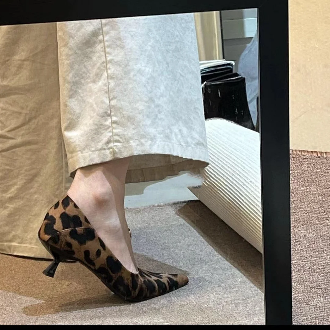 Breakj Breakj Autumn And Winter New Pointed High-Heeled High-Heeled Shoes Leopard Print Fashion Commuting Low-Heeled Kitten Heel Single Shoes