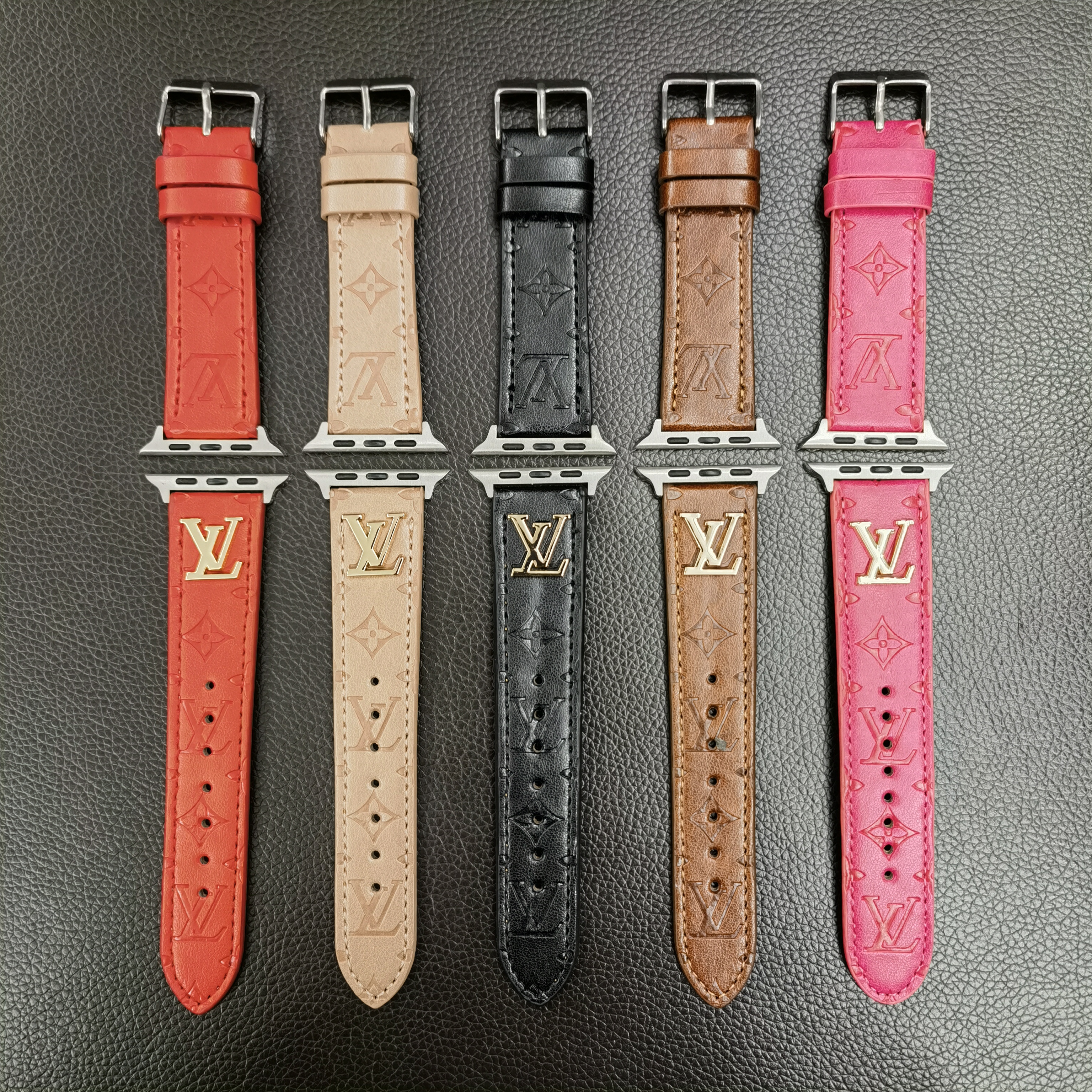 LV Metal Logo 3D Embossed Monogram Leather Apple Watch Bnad