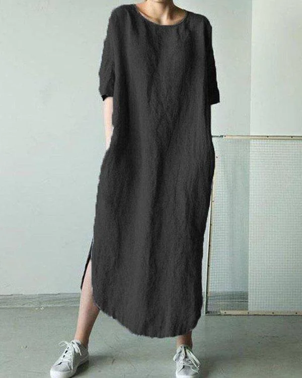 Solid Short Sleeve Straight Slit Linen Dresses