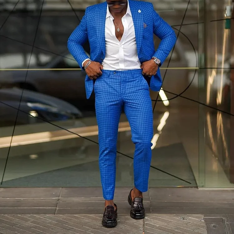 VChics Men's Fashion Blue Plaid Blazer And Pants Two Piece Set