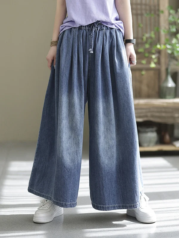 Casual Wide Leg Loose Drawstring Solid Color Jean Pants Bottoms