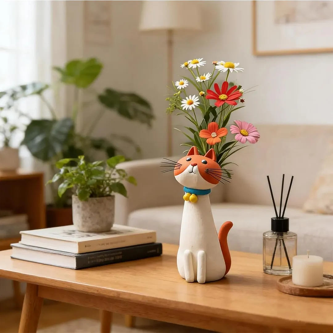 Handcrafted Quirky Cat Vase Modern Whimsical Resin Cat Flower Vase Creative Ornament for Living Room Office Study Home Decoration