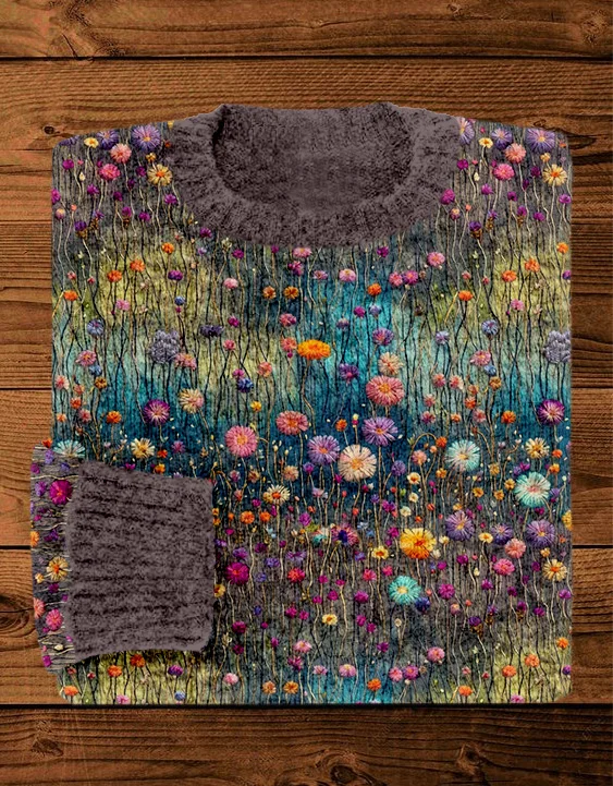 Utbros Colorful Wildflower Embroidery Art Crew Neck Cozy Sweater
