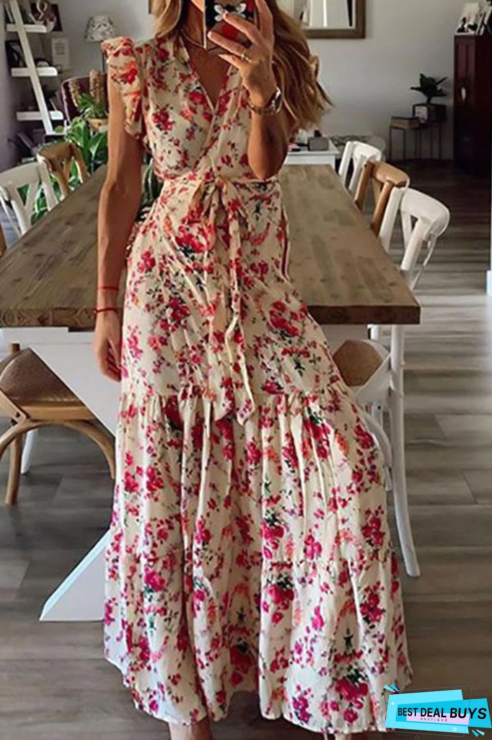 Bohemian Floral Print Cross Front V-Neck Ruffled Maxi Dress