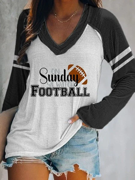 Women's SUNDAY FOOTBALL Print Double Layer V-Neck Long Sleeve T-Shirt socialshop