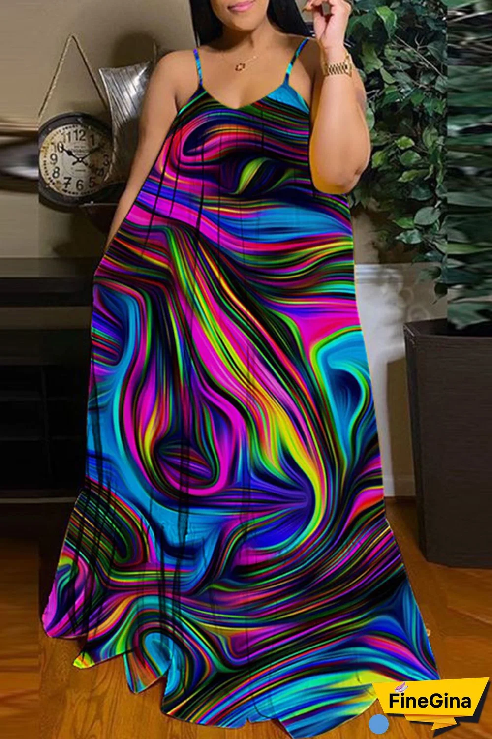 Purple Sexy Casual Print Backless Spaghetti Strap Long Dress Dresses