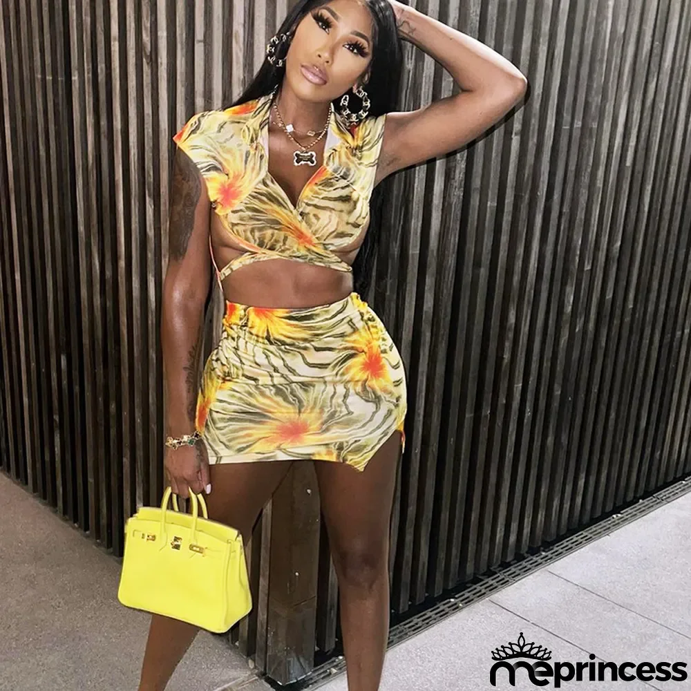 Women's Summer Printed Wrap Crop Top + Skirt Casual Set