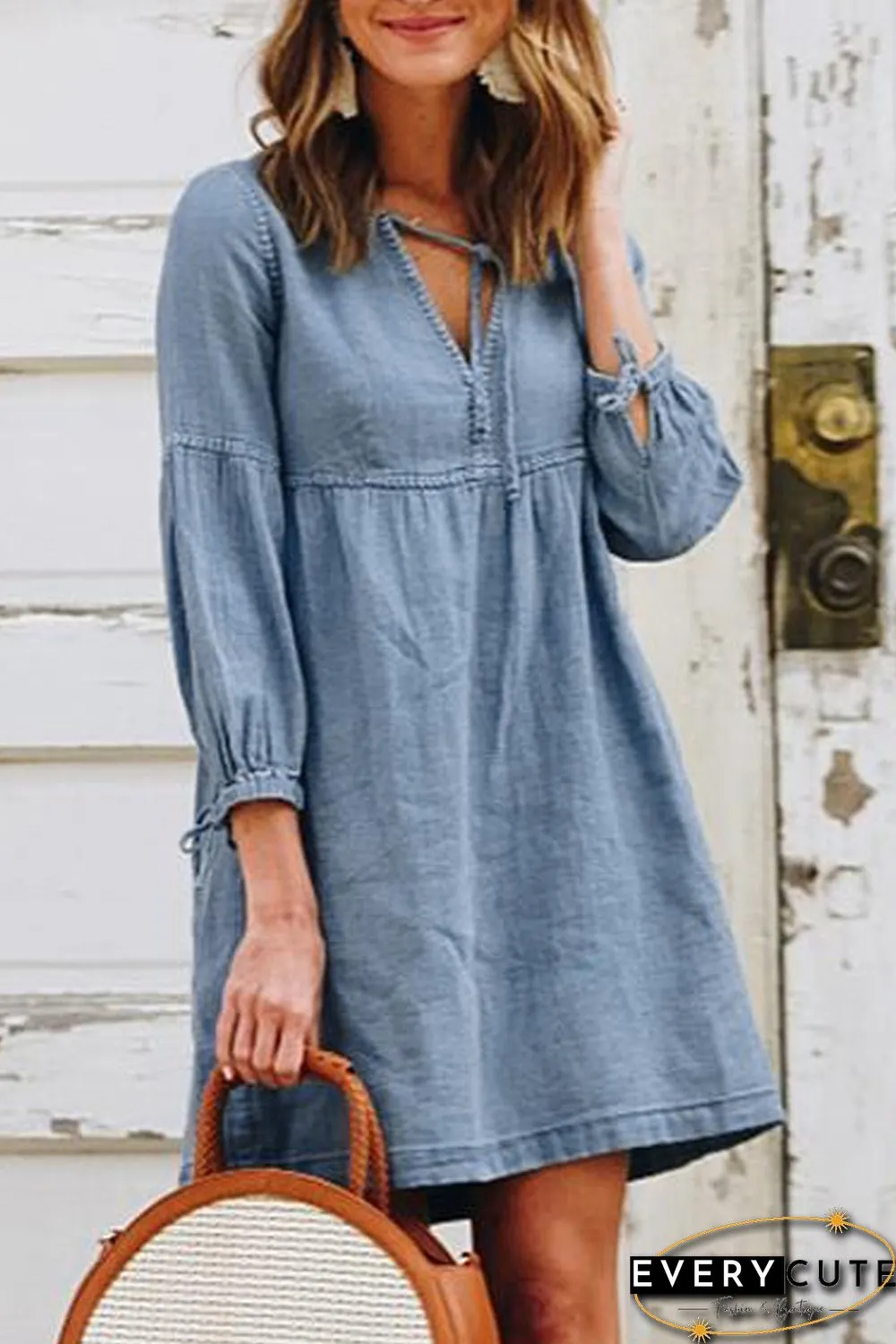Sky Blue V-neck Lantern Sleeves Casual Mini Dress