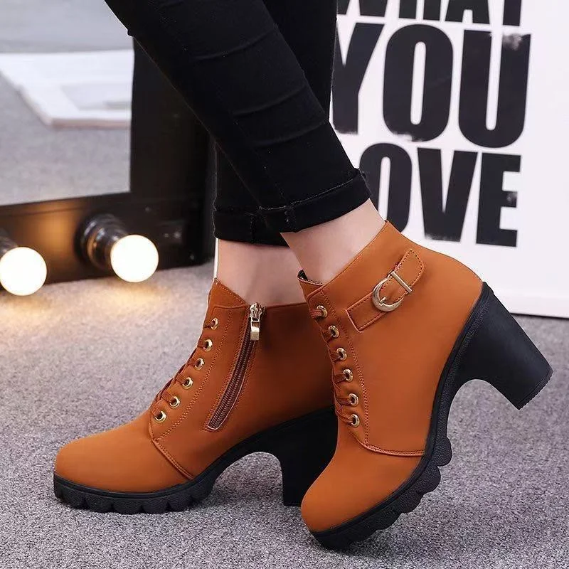 Yyvonne High Heel Single Boots Belt Buckle Women's Shoes Thick Heel Short Boots Round Head Martin Boots Women's Lace And Bare Boots Riding
