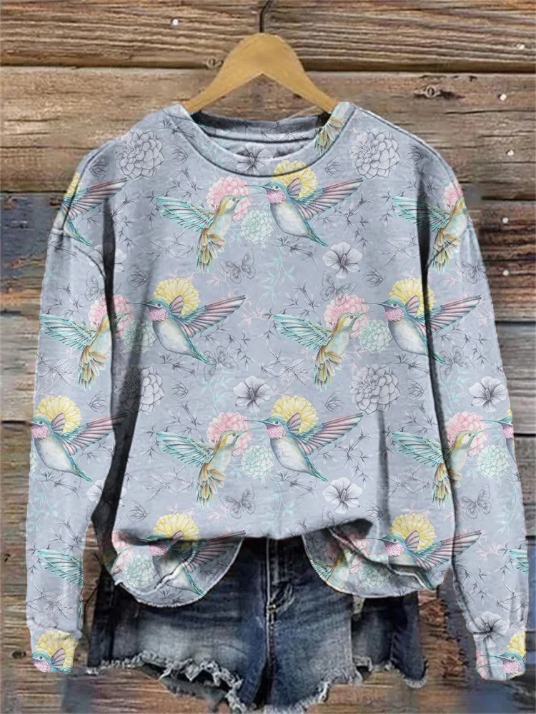 VChics Hummingbird & Floral Print Cozy Sweatshirt