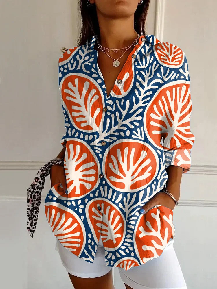 Vintage Orange Leaves Abstract Art Print Casual Long-sleeved Shirt