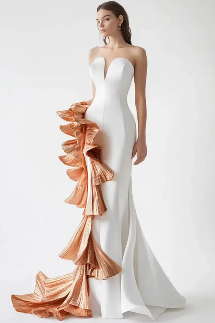 Strapless V Neck Ruffle Patchwork Maxi Dress-White [Custom-Made]