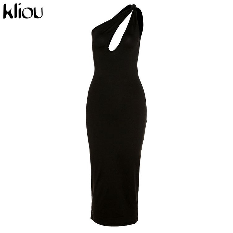 Kliou Cut Out Sexy Midnight Clubwear Maxi Dresses Solid One Shoulder Birthday Outfit For Women Slim Bodycon Party Dress 2021 - BlackFridayBuys