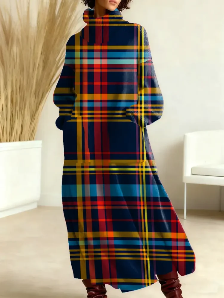 Women's Vintage Plaid Art Print Casual Cotton Knitted Dress