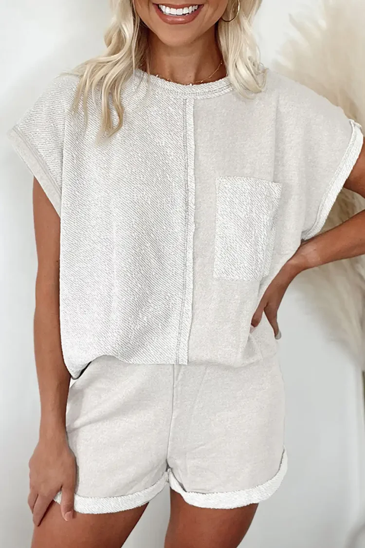 chic khaki colorblock tee and shorts set