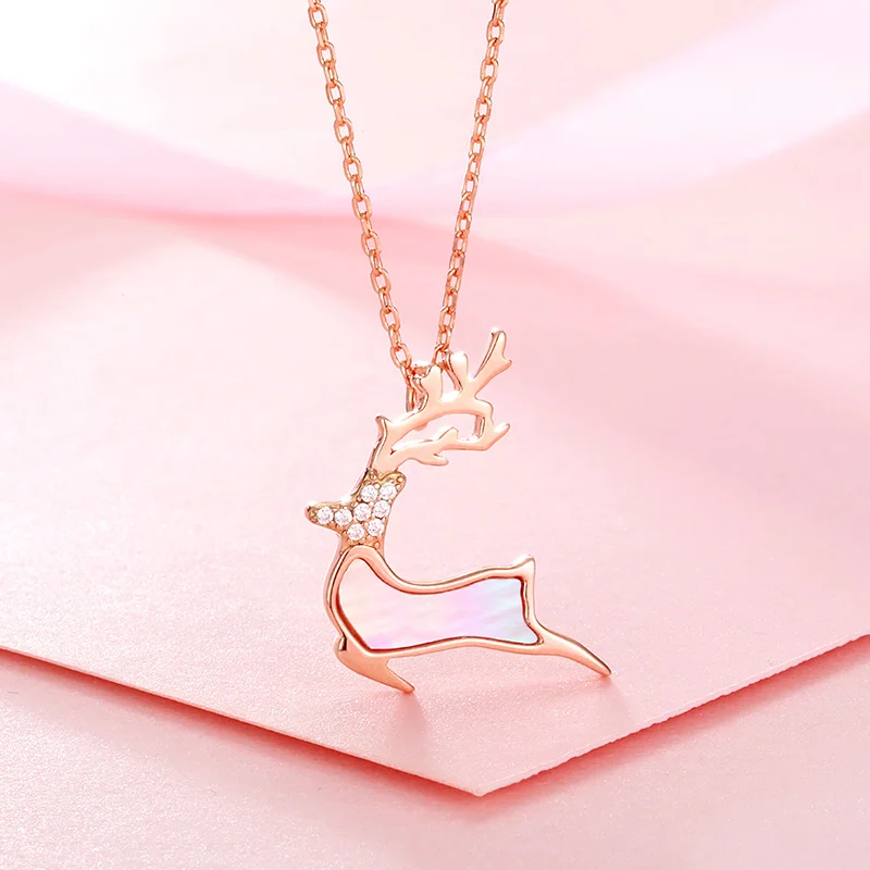 Mewaii® Sterling Silver Necklace Sterling Silver Necklace Elk Shape Pink Shell Zircon Necklace Pendant Silver Jewelry S925 Sterling Silver Clavicle Necklace