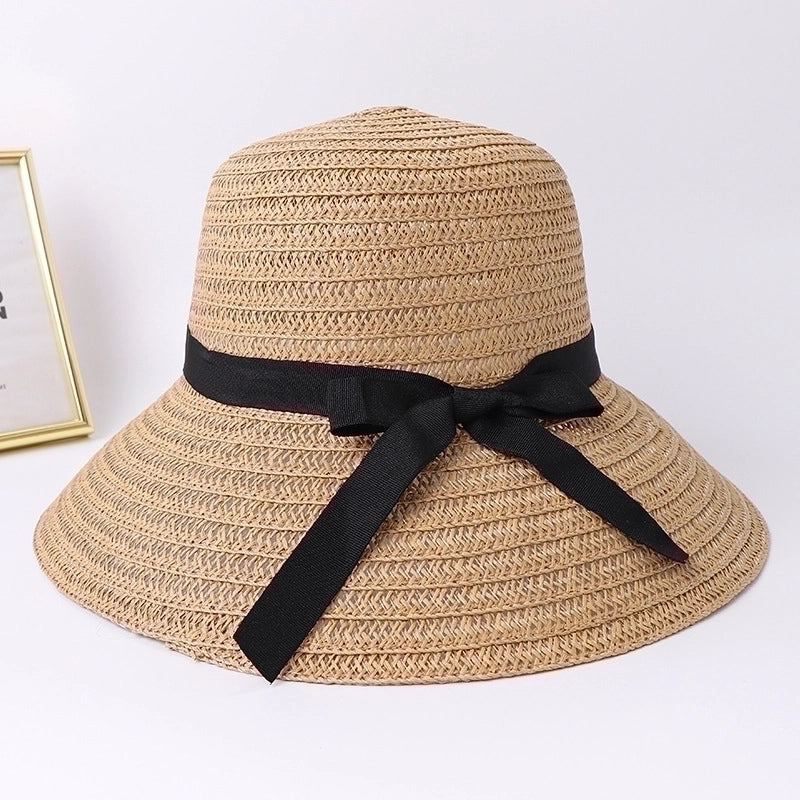 Women’s Pastoral Minimalist Solid Color Bowknot Big Eaves Straw Hat