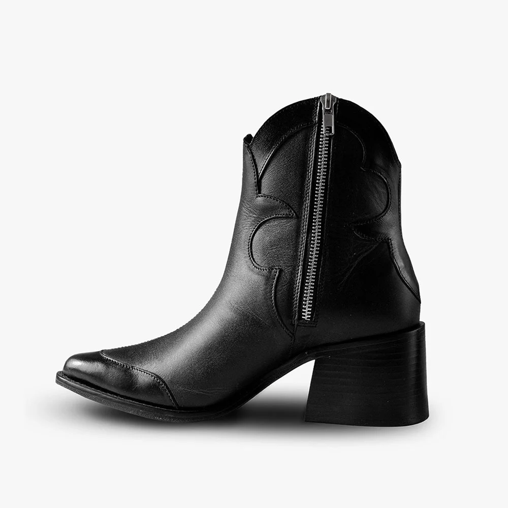 Black Studded Snip Toe Block Heel Zipper Ankle Cowgirl Boots for Women