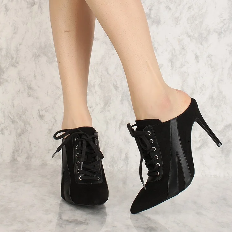Black Lace Up Pointed Toe Stiletto Heel Mules for Women |FSJ Shoes