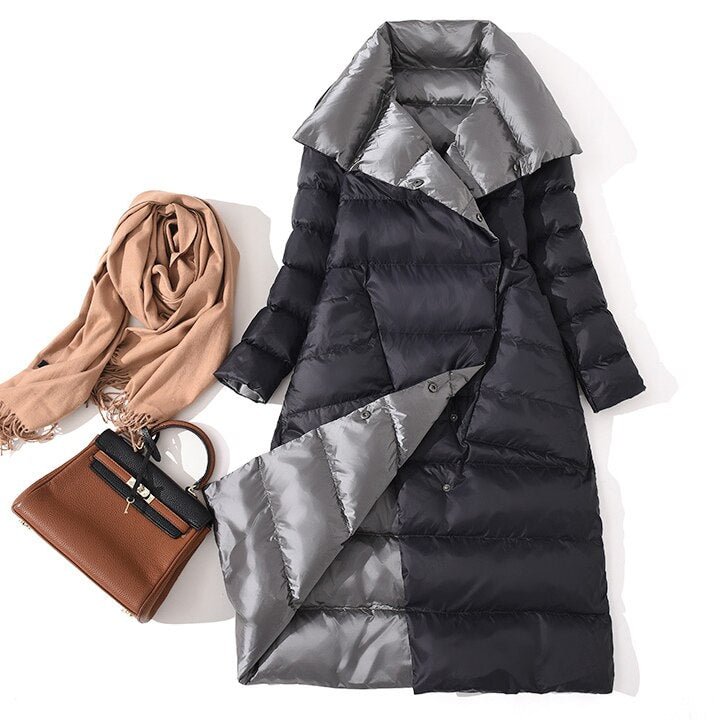 FTLZZ New Women Double Sided Down Long Jacket Winter Turtleneck White Duck Down Coat Double Breasted Warm Parkas Snow Outwear