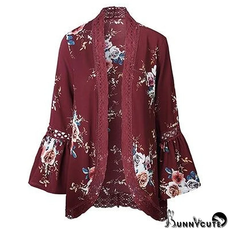 Women Cardigan Print Lace Shirt Plus Size Kimono Top