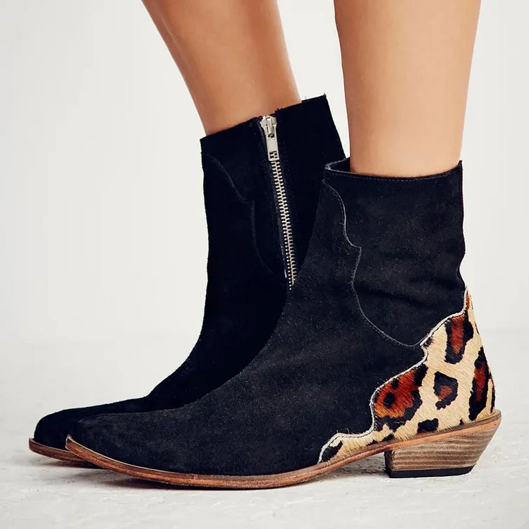 Custom Made Black and Leopard Short Boots |FSJ Shoes