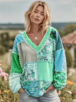 Women's Vintage Floral Patchwork Art Cozy Warm Sweatshirt - Image 5