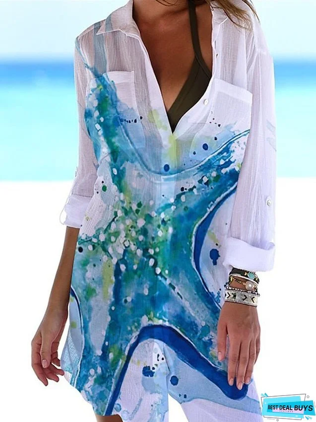 Shirt Dress Cover Up Beach Wear Mini Dress Pocket Print Fashion Casual Fish Turndown 3/4 Length Sleeve Loose Fit Outdoor Daily White Blue Summer Spring S M L XL for Women